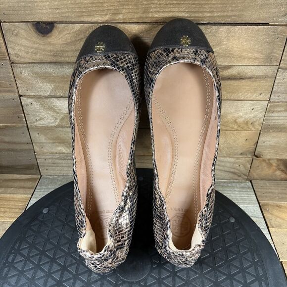 Tory Burch Womens Size 6.5 Python Snake Print Metallic Gold York Cap Toe Flats - Picture 5 of 10